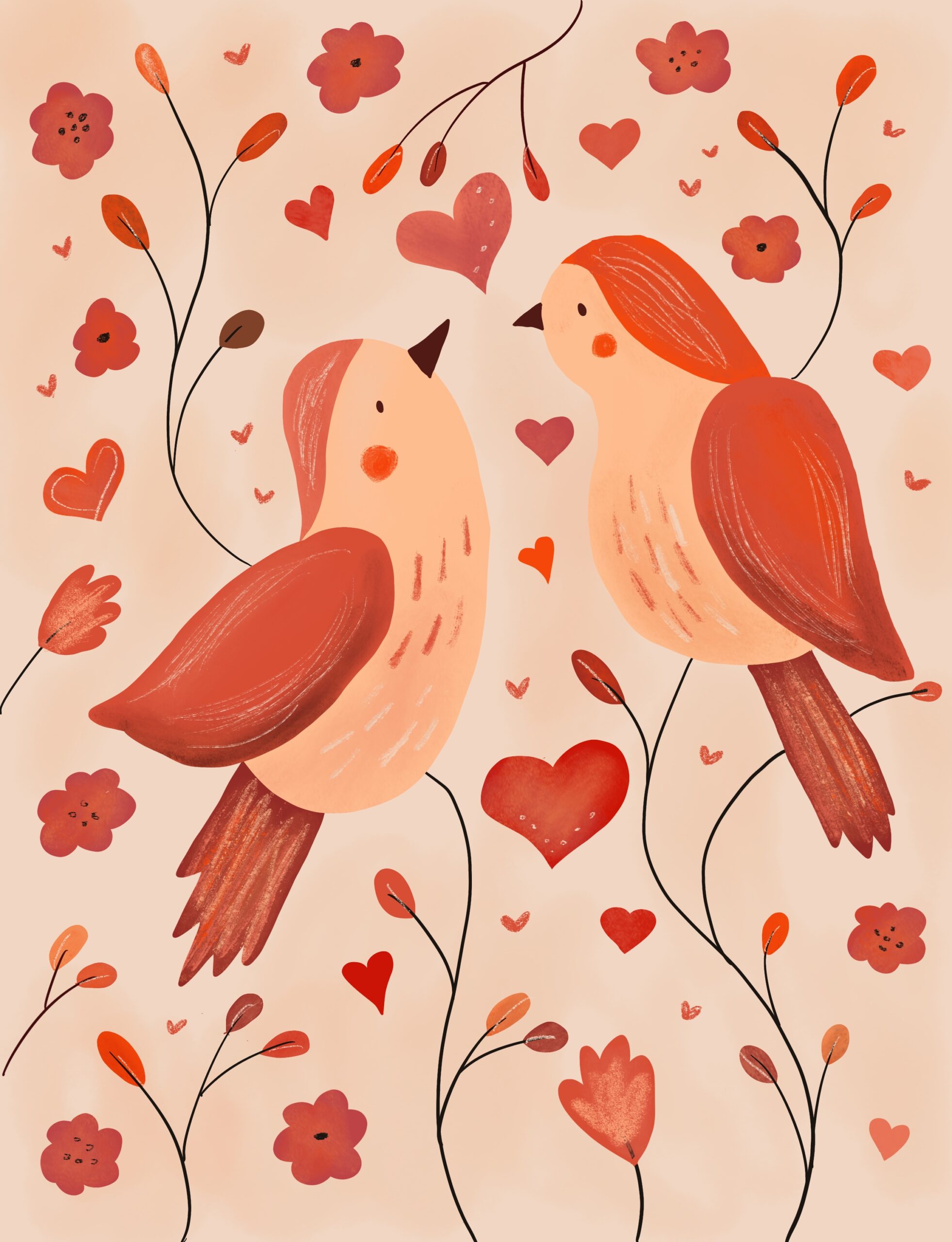 Digital illustration of two birds surrounded by hearts.